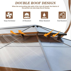 12' x 20' Gazebo Polycarbonate Double Roof Canopy with Aluminum Frame, Outdoor Permanent Metal Pavilion with Netting