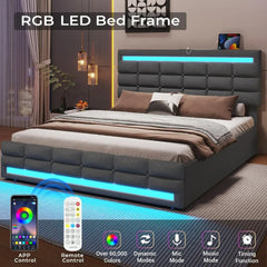 LED Bed Frame with 4 Drawers & USB Charging Station, Upholstered Platform Queen Size Bed with LED Headboard & Footboard