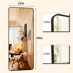 64"x21" Floor Full Length Mirror Standing Full Body Rounded Corner Rectangle Mirrors with Stand Hanging Wall Mounted