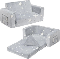 Fold Out Toddler Couch, Extra Wide Comfy 2-in-1 Cuddly Sherpa Sofa for Kids, with Removable Baby Friendly Blanket, Convertible