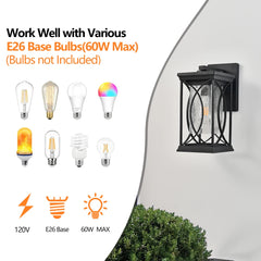 14"(H) 1-pack Black Outdoor Wall Lantern with Crackled Glass, Weather-Resistant Exterior Light Fixture (Bulb Not Included)