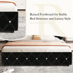 Queen Size Bed Frames with Headboard, Black Velvet Queen Bed Frame with Wingback, Upholstered Bed Frame with Diamond Headboard