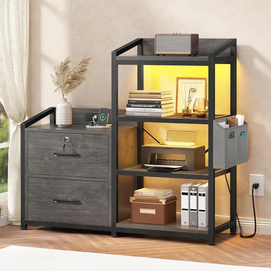 2 Drawer File Cabinet,Filing Cabinet fits Letter Legal, A4 Size, File Cabinets for Home Office with Lock, Power Strip,LED Lights