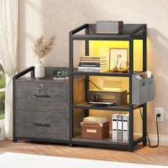 2 Drawer File Cabinet,Filing Cabinet fits Letter Legal, A4 Size, File Cabinets for Home Office with Lock, Power Strip,LED Lights