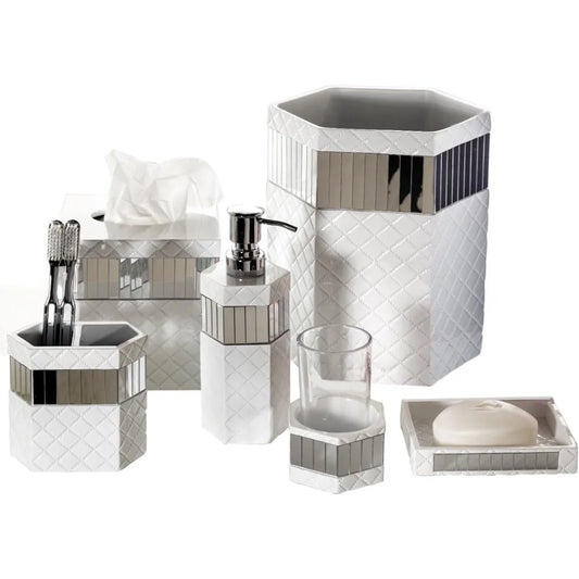 White Bathroom Accessories Set - includes: Trash Can, Tissue Box Cover, Soap Dispenser, Toothbrush Holder, Tumbler & Soap Dish