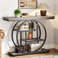 Console Table, Industrial 4-Tier Sofa Table Entryway Table with Circle Base, Narrow Wood Accent Tables with Sto