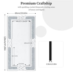 LUVODI Large Crush Diamond Full Body Wall Mirror Artistic Silver Bathroom Vanity Mirror