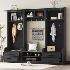Wide Hall Tree with Storage Bench, Wood Coat Rack with Cabinet and 7 Hooks, Mudroom Organizer with Shoes Storage Cubbies