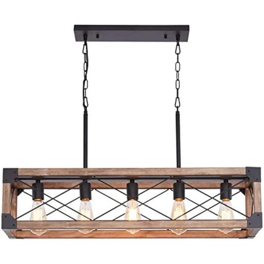 Farmhouse Kitchen Island Lighting, 5-Light Dining Room Light Fixture, Farmhouse Linear Chandelier with Solid Wood for Dining Ro