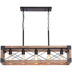 Farmhouse Kitchen Island Lighting, 5-Light Dining Room Light Fixture, Farmhouse Linear Chandelier with Solid Wood for Dining Ro