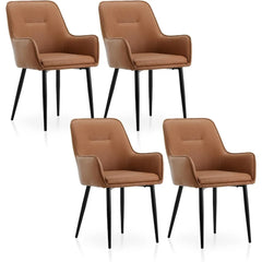 Set of 4 Modern Upholstered Dining Chairs – Brown Faux Leather Accent Chairs with Armrests & Metal Legs