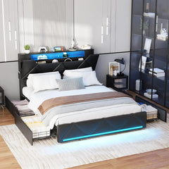 Vabches Queen Bed Frame with Storage Headboard and 4 Drawers,Upholstered Platform with Charging Station and Led Lights,Adjustabl
