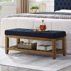 Bench, Large Rectangular Upholstered Tufted Linens Fabric Ottoman Benches, Padded Benches with Solid Wood Shelf-Linen, Bench
