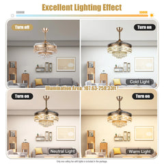 Ceiling Fans with LED Light, K9 Crystal Accents, Adjustable Speed & Timing, Retractable ABS Blades, Pure Copper Motor