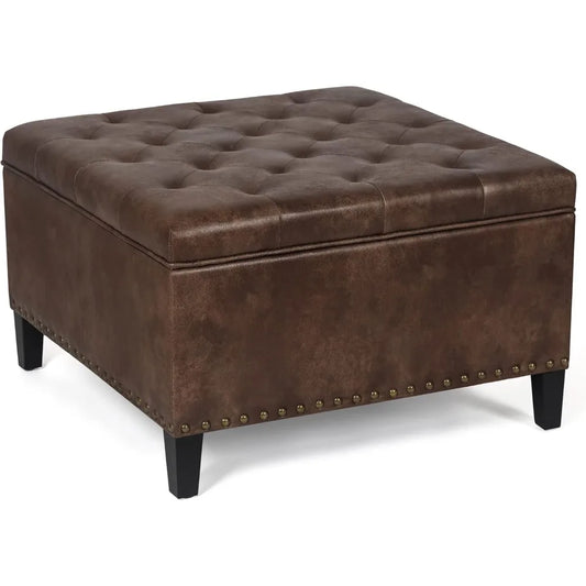 Storage Ottoman Square Upholstered Tufted Bench with Rivet, Footrest Coffee Table with Wood Legs for Living Room Bedroom