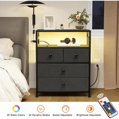 Nightstand with Charging Station, Bedside Table with 4 Drawers and 2-Tier Shelf, Modern End Table with Wooden Top for Bedroom,