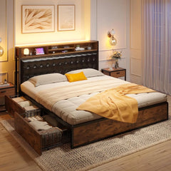 Queen Bed Frame with 4 Storage Drawers and Upholstered Headboard Meal Bed Frame Queen Size Built in Charging Station,Noise Free