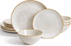 Dinnerware Sets for 4, Ocean Round 12-Piece Kitchen Plates and Bowls Sets, Reactive Glaze, Microwave and Dishwasher Safe,