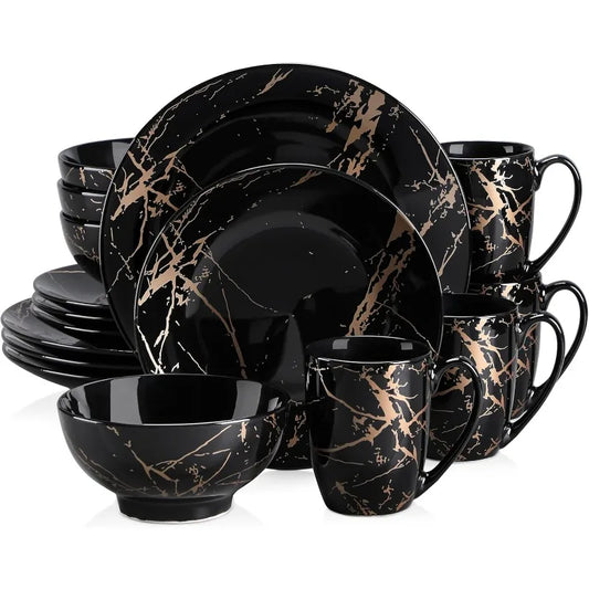 Plates and Bowls Sets for 4, Black Dinnerware Sets 16 Piece Gold Splash Glaze Round Dish Set, Porcelain Plate