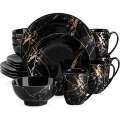 Plates and Bowls Sets for 4, Black Dinnerware Sets 16 Piece Gold Splash Glaze Round Dish Set, Porcelain Plate