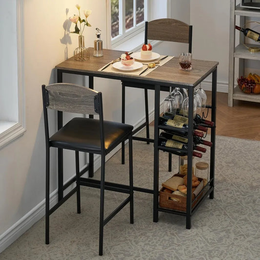 Bar Table Set for 2 with Footrest, Kitchen Dining Table with 2 Upholstered Chairs, Small Space Counter Height Bar Stools