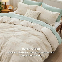 Boho Duvet Cover King Size - Checkered King Duvet Cover Set for All Seasons, 3 Pieces Soft Shabby Chic Embroidery Boho Bedding