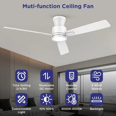 52-Inch Low Profile Ceiling Fans with Lights and Remote, Flush Mount, Night Light Feature, 3 Dual Finish Blades