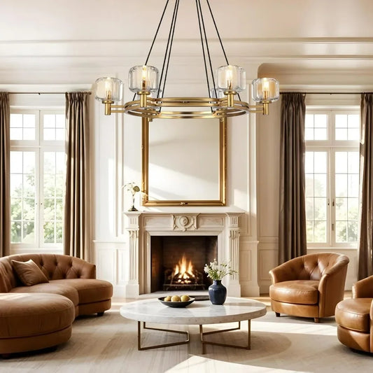 Hanging chandelier 36in Gold Chandeliers Wagon Chandelier Over Table, 6-Light Pendant Lighting Fixture Modern Crystal Chandelier