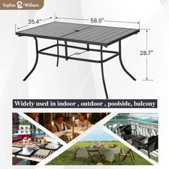 Outdoor Patio Table for 6 People, Rectangular Metal Patio Outdoor Dining Table, Black Steel Slatted Weather-Resistant Table with