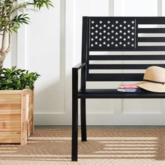Outdoor Bench 2-Person Steel Indoor/Outdoor Bench for Garden, Patio, Porch, Entryway w/American Flag, 790lb Capacity