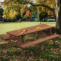6 Person Outdoor Picnic Table, Round Picnic Table with 3 Built-in Benches, Umbrella Hole,Outside Wood Picnic Table and Bench Set