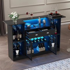Bar Table Cabinet with LED & Drawer, Mini Liquor Bar with 8-Tier Storage & Stemware Holder（Black）