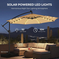 10ft Solar Lights Offset Cantilever Patio Umbrella - with Light and Base, LED Lighted Offset Hanging Patio Outdoor Market