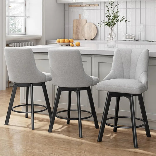 Swivel Bar Stools with Backs, 24" Counter Height Bar Stools Set of 3, Fabric Upholstered Counter Bar Stools with Solid Wood Legs