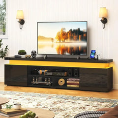 Modern Gaming TV Stand with RGB LED Lights & Power Outlet – 74” High Gloss Entertainment Center