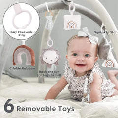 5-in-1 Thick & Plush Baby Play Gym, Baby Play Mats for Floor, Tummy Time Mat with 6 Toys, Cat Bed, Dog Bed, Cats Toys