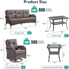 5 Piece Patio Furniture Set - Wicker Patio Conversation Set with Swivel Glider, 3 Seat Sofa, Tempered Glass Side Table and Coffe