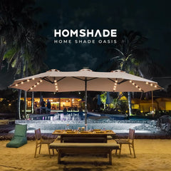 Double Sided Patio Umbrellas - 13ft Solar Lights LED Lighted Outdoor Extra Large Market Table Umbrella with Base Included