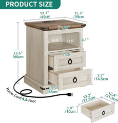Nightstand with Charging Station, 2 Drawers Night Stand for Bedroom, LED End Table Side Table w/Open Shelf, Off White+ Grain