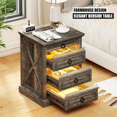Bedside Table Set of 2 with Charging Station, LED Night Stand with Gun Drawer, Farmhouse Nightstands for Bedroom, End Table Rust
