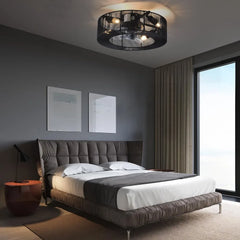 Black Caged Ceiling Fan with Lights and Remote Control 18'' Low Profile Bladeless Flush Mount Fan for Indoor Living Room Bedroom