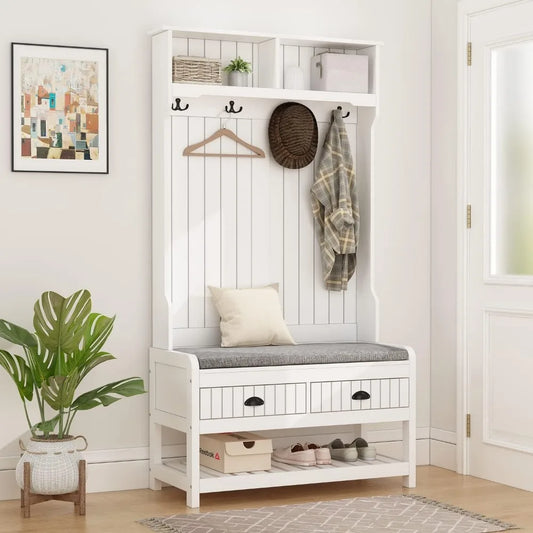 Modern Hall Tree with Storage Bench, 4-in-1 Entryway Bench with Coat Rack, Tall Hall Tree with 4 Metal Double Hooks, Shel