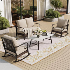 4 Piece Metal Outdoor Patio Furniture Set, Patio Conversation Sets 2-Seater Sofa, 2 Single Sofa and Coffee Table