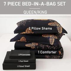 7 Piece Bed in a Bag King Size Comforter Set Black Bedding,Gold Butterfly Leaves Printed on Black Reversible Duvet Cover Set