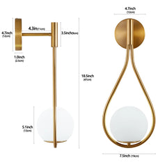 19" Set of 2 Modern Golden Wall Sconces with Opal Glass Globe, Mid-Century Design, Luxury Wall Lights for Bedroom(No Bulb)