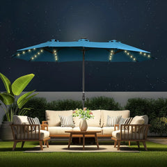 Double Sided Patio Umbrellas - 13ft Solar Lights LED Lighted Outdoor Extra Large Market Table Umbrella with Base Included