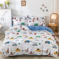 Kids Duvet Cover Set Full Size, Cotton Cartoon Car Truck Bedding Set for Boys Girls, 3 Pieces Soft Breathable White Yellow Plaid