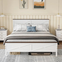 Queen Size Farmhouse Metal Platform Bed Frame with Headboard, Footboard & Under-Bed Storage