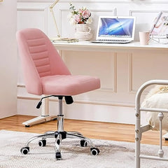Mid Back PU Leather Armless Desk Office Chair, Modern Comfy Vanity Chair with Rolling Wheels, Metal Base Pink