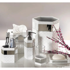 White Bathroom Accessories Set - includes: Trash Can, Tissue Box Cover, Soap Dispenser, Toothbrush Holder, Tumbler & Soap Dish